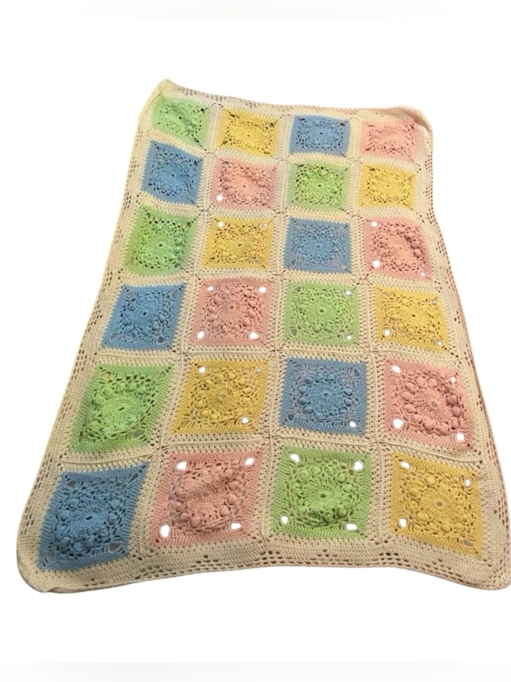 Unisex Handmade Crochet Pastel Fine Detailed Square Baby Blanket. See descr.NWT!